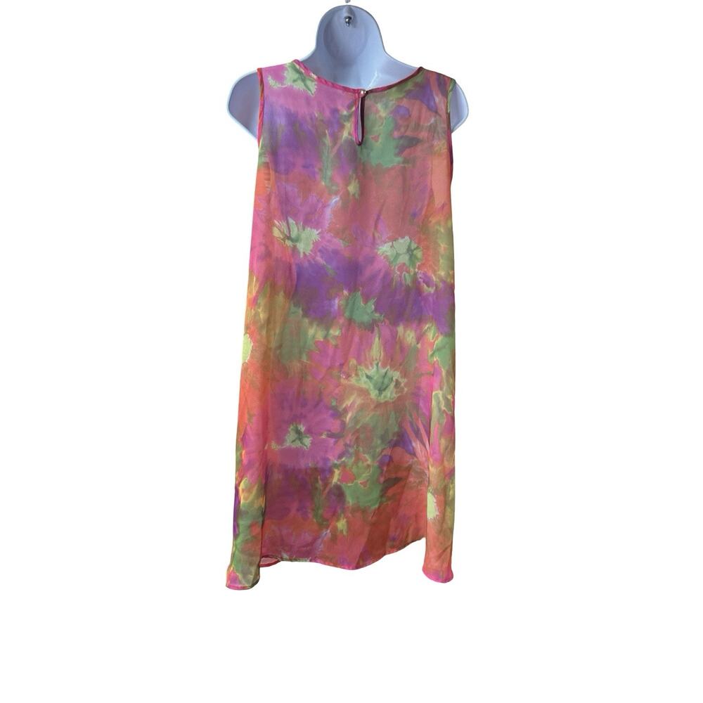 BCBG Paris Sheer Mini Shift Dress Tie Dye Pink Green Boho Sleeveless Sz M - Picture 2 of 6